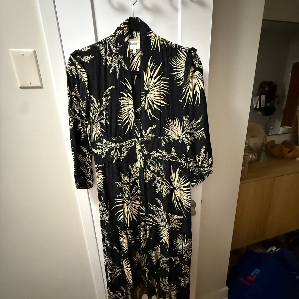 ba&sh Black and Cream Floral Long Sleeve Dress